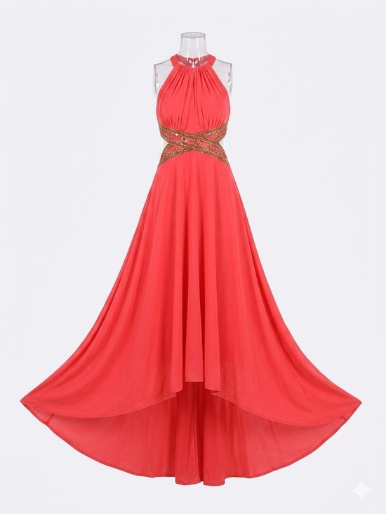 Betsy & Adam Dresses & Skirts - Betsy & Adam Coral Halter High-Low Gown with Beaded Waist Size 4